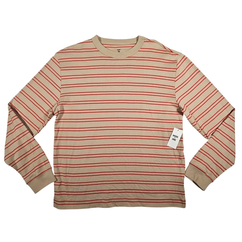 MODE OF ONE Mens Tan Red Stripe Long Sleeve Crew Neck T Shirt‎ Cotton Size Large